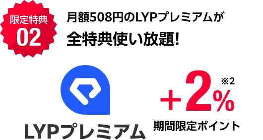 月額508円のLYPプレミアムが全特典使い放題！ LYPプレミアム+2%※2 期間限定ポイント