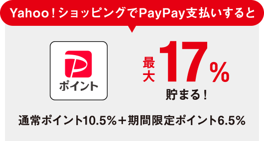 Yahoo!ショッピングでPayPay支払いすると 通常PayPayポイント+最大17%貯まる! 通常ポイント10.5%+期間限定ポイント6.5%