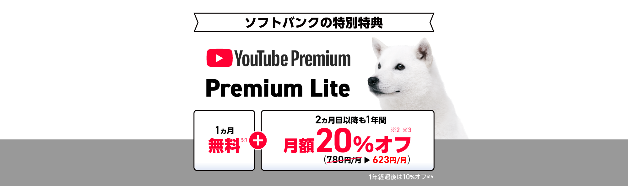 ソフトバンクの特別特典 YouTube Premium Premium Lite 1ヵ月無料※1+2ヵ月目以降も1年間 月額20%オフ※2※3 (780円/月623円/月) 1年経過後は10%オフ※4