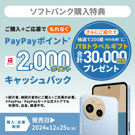 ソフトバンク購入特典 ご購入＋ご応募でもれなくPayPayポイント＊2000ポイントキャッシュバック さらにご紹介で抽選で200組（400名様）※にJTBトラベルギフト合計30,000円分プレゼント ※紹介者、被紹介者共にご購入＋ご応募が必要。＊PayPay／PayPayカード公式ストアでも利用可。出金、譲渡不可。 購入・応募期間 発売日2024年12月25日（水）
