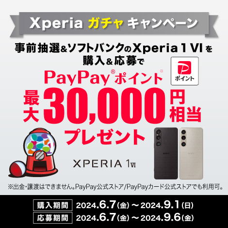 事前抽選＆ソフトバンクのXperia 1 VIの購入＆応募で、PayPayポイント最大30,000円相当プレゼント！
                                                                購入期間：2024年6月7日（金）から2024年9月1日（日）まで
                                                                応募期間： 2024年6月7日（金）から2024年9月6日（金）まで