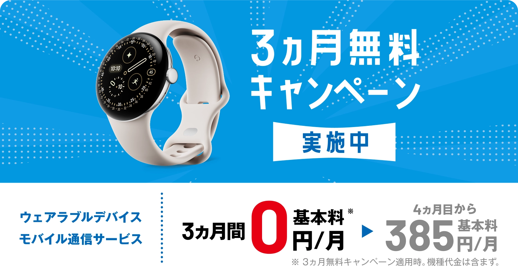 3カ月無料キャンペーン実施中 ウェアラブルデバイスモバイル通信サービス 3カ月間 基本料0円／月（4カ月目から385円／月）