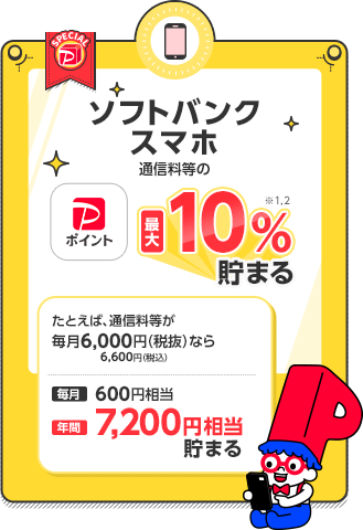 ソフトバンクスマホ 通信料等のPayPayポイント最大10%※1,2貯まる たとえば、通信料等が毎月6,000円(税抜)6,600円(税込)なら 毎月600円相当 年間7,200円相当貯まる