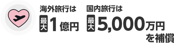 海外旅行は最大1億円 国内旅行は最大5,000万円を補償
