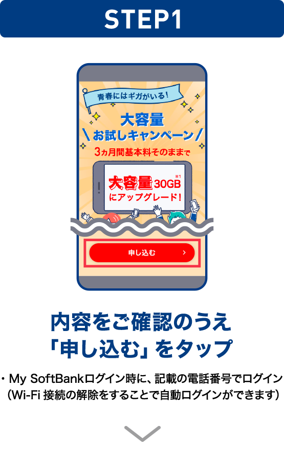 STEP01 内容をご確認のうえ「申し込む」をタップ ・My SoftBankログイン時に、記載の電話番号でログイン（Wi-Fi接続の解除をすることで自動ログインができます）