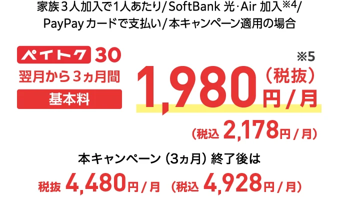 家族3人加入で1人あたり/SoftBank 光・Air 加入※4/PayPayカードで支払い/本キャンペーン適用の場合 ペイトク無制限 翌月から3ヵ月間基本料3,980円/月(税抜)※5(税込4,378円/月) 本キャンペーン終了後は税抜6,480円/月(税込7,128円/月)