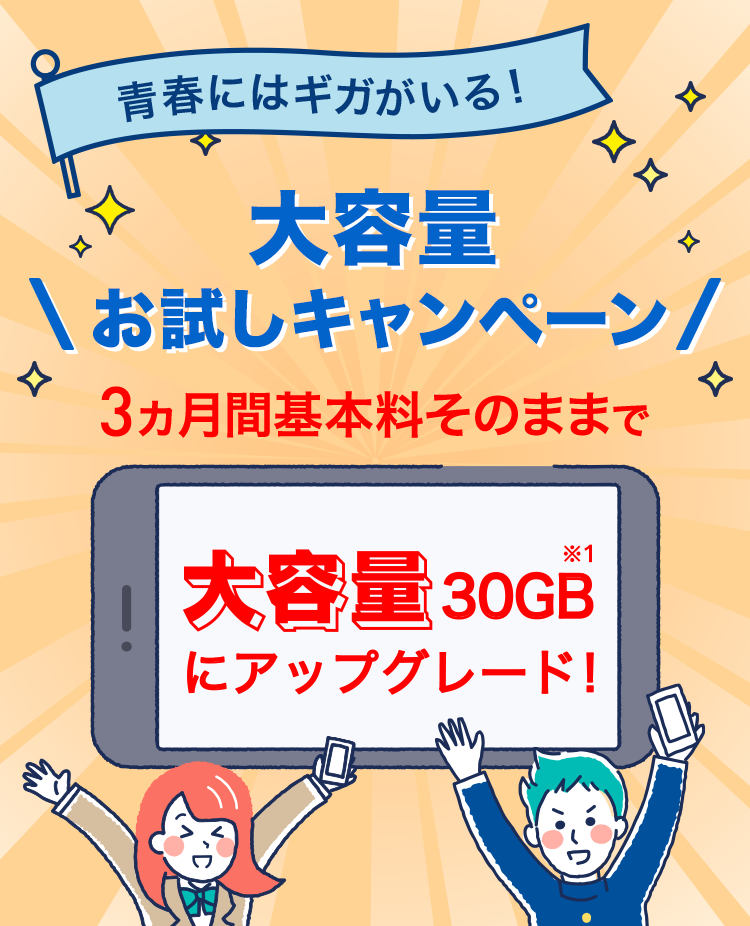 青春にはギガがいる!大容量お試しキャンペーン 3ヵ月間基本料そのままで大容量30GB※1にアップグレード!