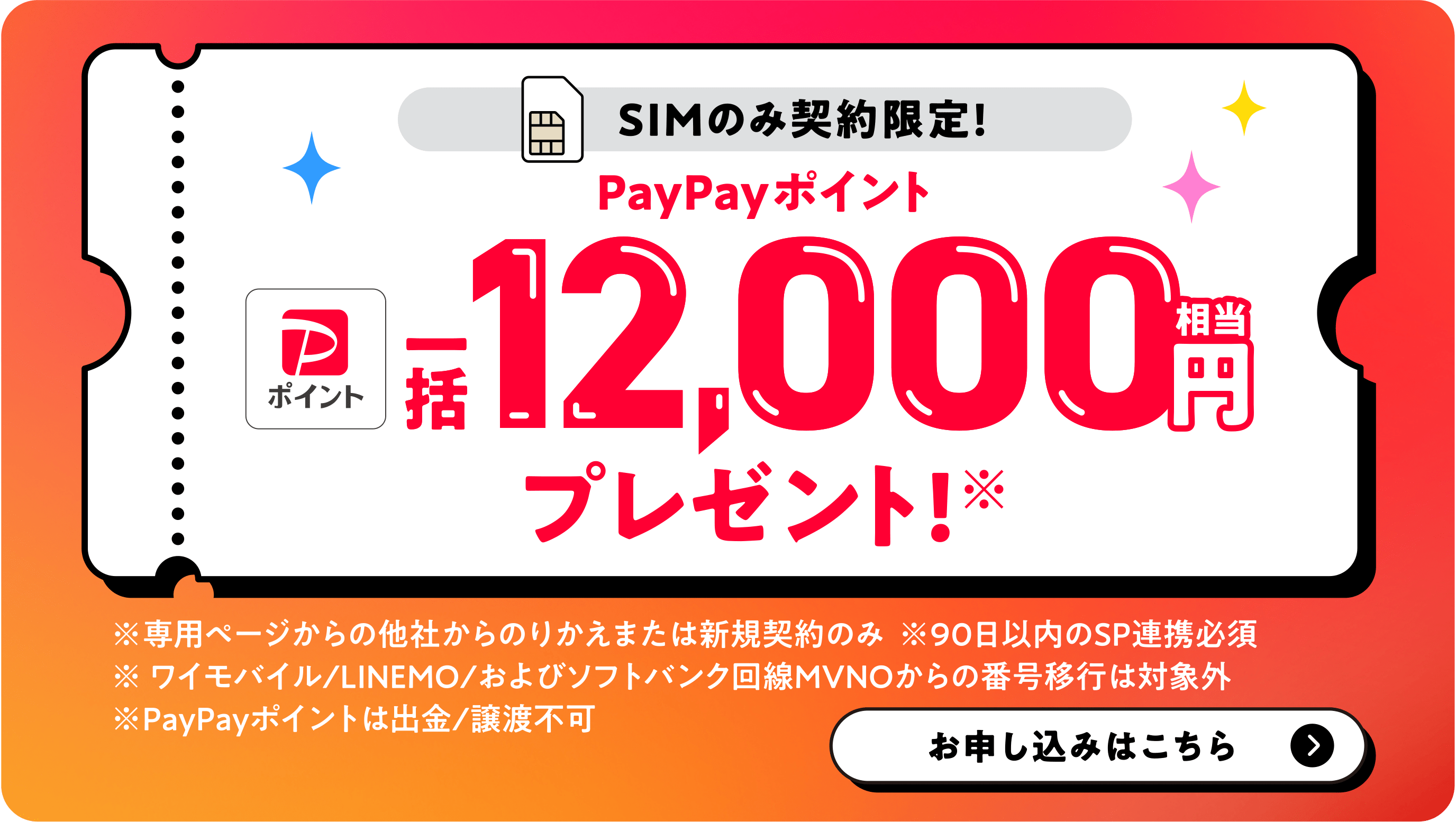 SIMのみ契約限定! PayPayポイント一括12,000円相当プレゼント!