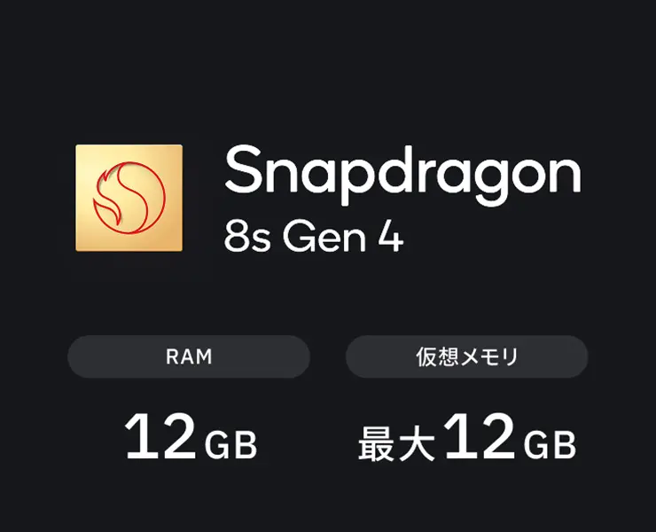 Snapdragon 8s Gen 4 RAM：12GB 仮想メモリ：最大12GB