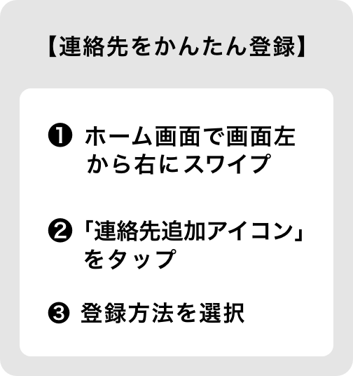 【連絡先をかんたん登録】 ①ホーム画面で画面左から右にスワイプ ②「連絡先追加アイコン」をタップ ③登録方法を選択