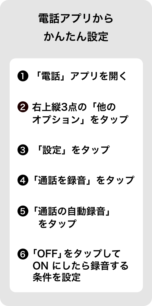 電話アプリからかんたん設定 ①「電話」アプリを開く ②右上縦３点の「他のオプション」をタップ ③「設定」をタップ ④「通話を録音」をタップ ⑤「通話の自動録音」をタップ ⑥「OFF」をタップして ON にしたら録音する条件を設定