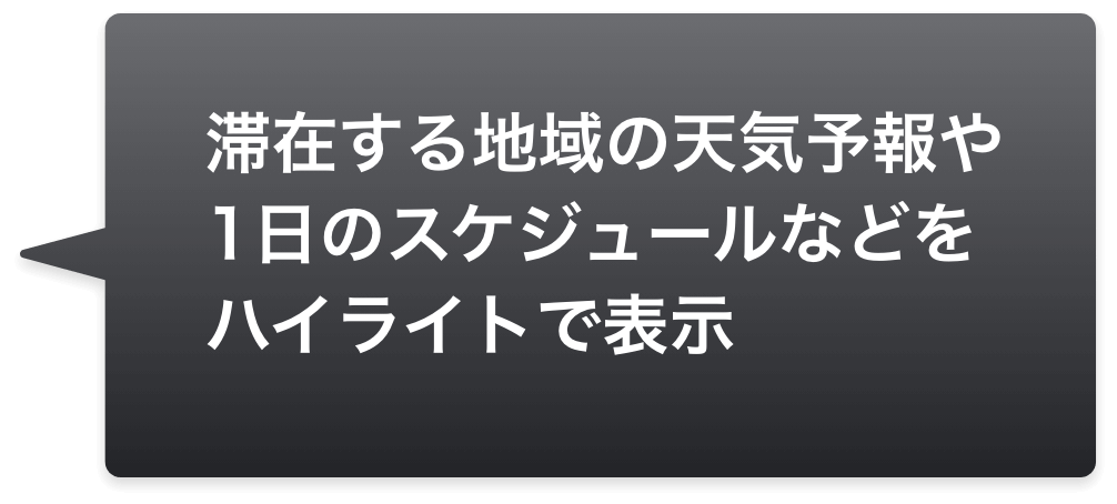 滞在する地域の天気予報や1日のスケジュールなどをハイライトで表示