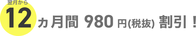 翌月から12ヵ月間980円（税抜）割引！