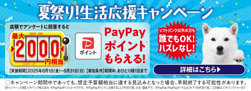 夏祭り！生活応援キャンペーン 店頭でアンケートに回答すると最大2,000円相当PayPayポイントもらえる！ソフトバンク以外の方も誰でもOK！ハズレなし！