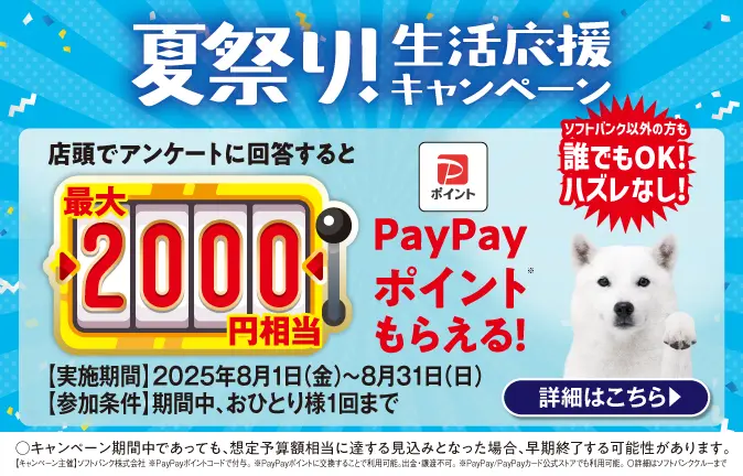 夏祭り！生活応援キャンペーン 店頭でアンケートに回答すると最大2,000円相当PayPayポイントもらえる！ソフトバンク以外の方も誰でもOK！ハズレなし！