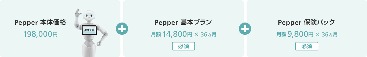 Pepper本体価格198,000円+Pepper基本プラン月額14,800円×36ヵ月+Pepper保険パック月額9,800円×36ヵ月
