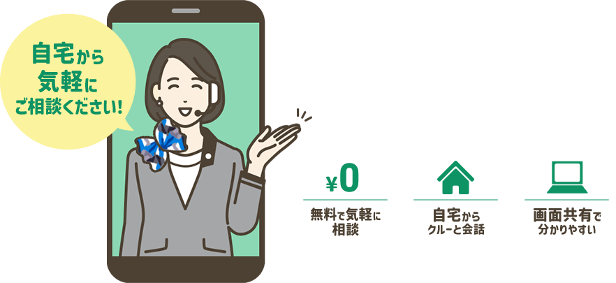 自宅から気軽にご相談ください！ ソフトバンクのオンライン窓口 ¥0 無料で気軽に相談 自宅からクルーと会話 画面共有で分かりやすい